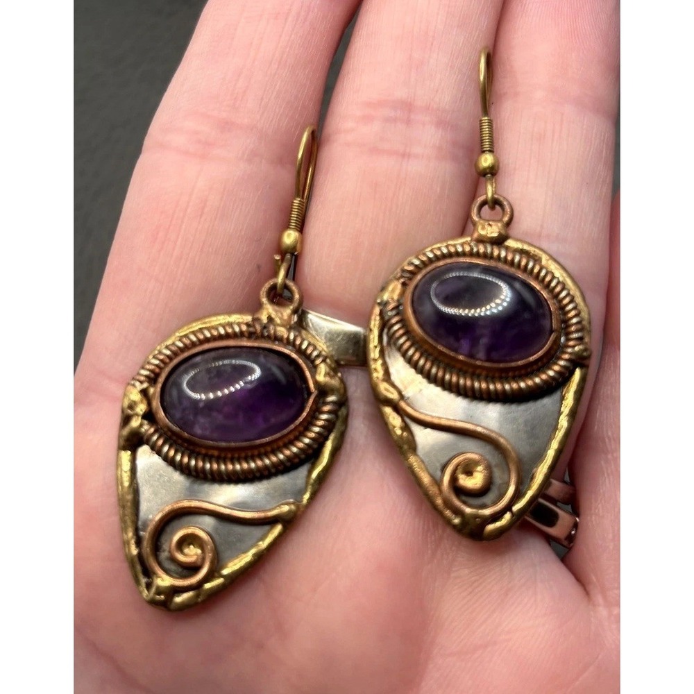 Handmade Mixed Metal Amethyst Cabochon Dangle Earrings Artisan Wire Wrapped Boho
